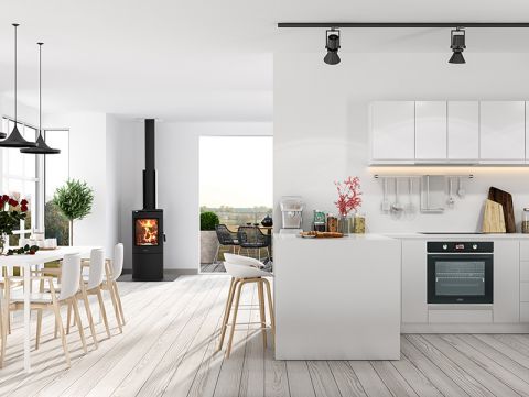 R3000 Freestanding radiant wood fire with wood stacker